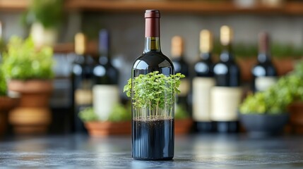 Vineyard sprouting on a wine bottle vineyard thriving in a unique setting Isolated solo on plain background