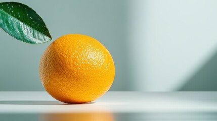 A solitary orange fruit resting on a flat surface, highlighted by natural sunlight, accentuated by a single green leaf detail representing simplicity and focus.