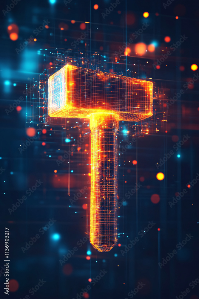 Aufkleber a glowing hammer icon with floating project management data, representing online construction tools,