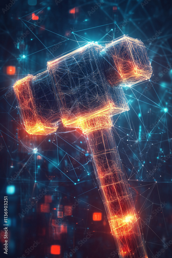 Poster a glowing hammer icon with floating project management data, representing online construction tools,