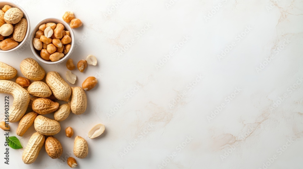 Poster an array of peanuts, both in shell and shelled, are artistically scattered across a sleek marble cou