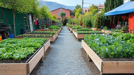 Accessibility in Modern Cities Accessible community gardens with raised beds and adaptive tools for individuals with mobility challenges One main object high quality very detailed Professional image
