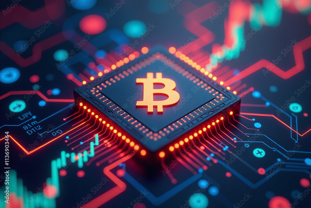 Poster bitcoin uses blockchain tech digital currency market microchip icon colorful