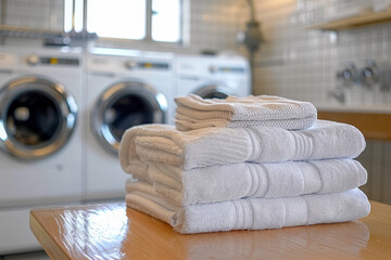 Close-up stack of neatly folded clean white towels on countertop against background of white washing machines in laundry room in hotel
