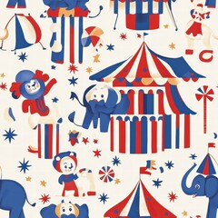 Obraz premium Delightful circus-themed design featuring playful animals and acrobats in a vibrant palette, perfect for adding cheer to any project. Generative AI