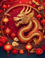 Obraz premium A traditional Lunar New Year scene with red paper lanterns, golden dragon motifs, and glowing festive decorations