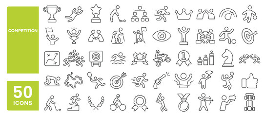 Set of 50 line icons related to competition, sport, achievement, award, win, play, challenge, rank, trophy, Editable stroke. Vector illustration