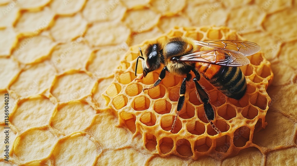 Poster close-up of honeybee with black and yellow stripes collecting nectar on golden hexagonal honeycomb c