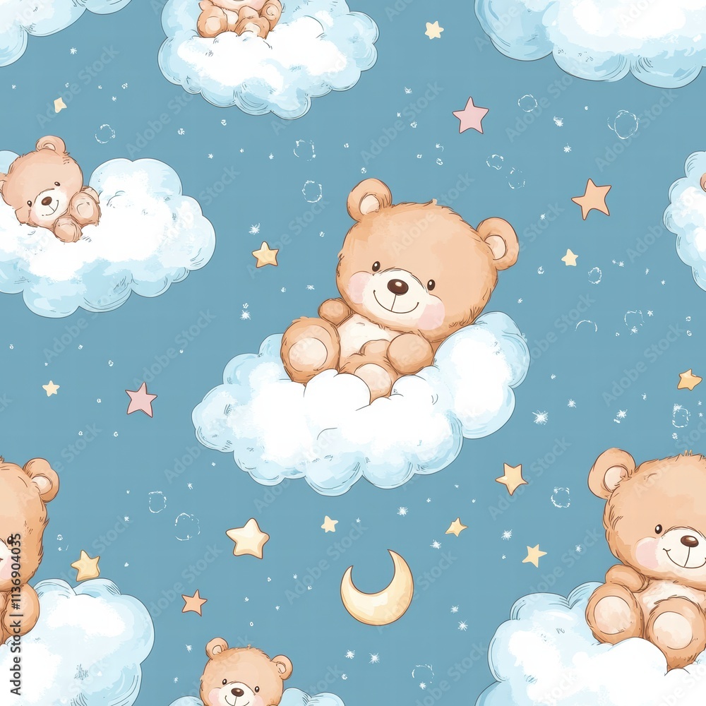 Poster adorable teddy bears find comfort on soft clouds surrounded by stars and a crescent moon, creating a