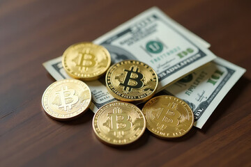 brown wooden table holds cryptocurrency coins packaged dollar