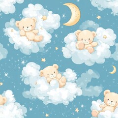 Adorable teddy bears in soft clouds, twinkling stars, and crescent moons create a whimsical, comforting design. Generative AI