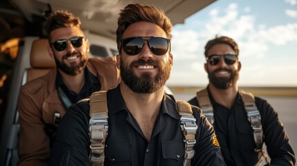 A bearded male pilot in sunglasses smiles confidently, seated in a cockpit, with clear blue skies behind, portraying adventure, teamwork, and youthful energy.