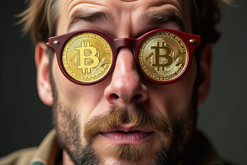 crazy bitcoin enthusiast sports golden coin jewelry around