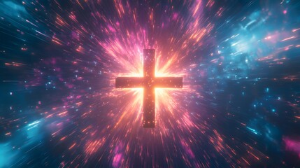 Fototapeta premium Glowing Cross Radiating Light Streaks In Cosmic Space