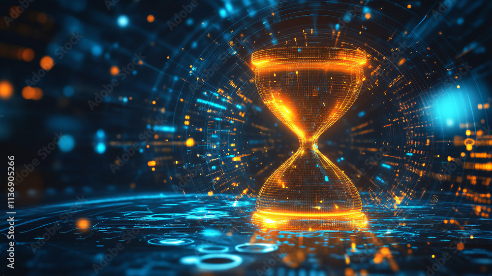 Poster a glowing hourglass icon surrounded by productivity data, symbolizing online project management tool