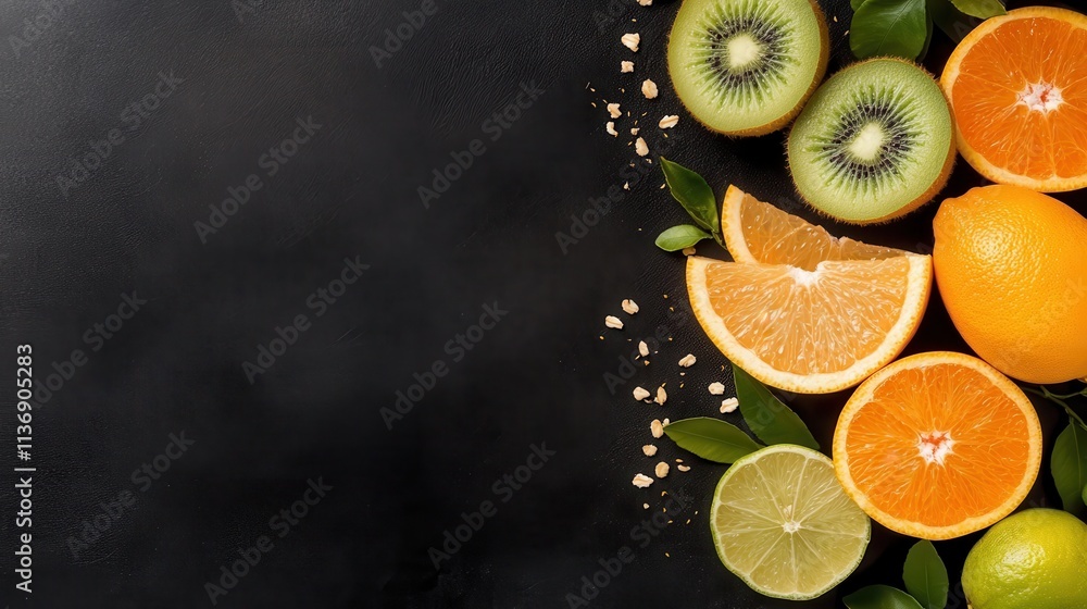 Aufkleber vividly sliced citrus and kiwi fruits are placed in an array against a textured dark background, per