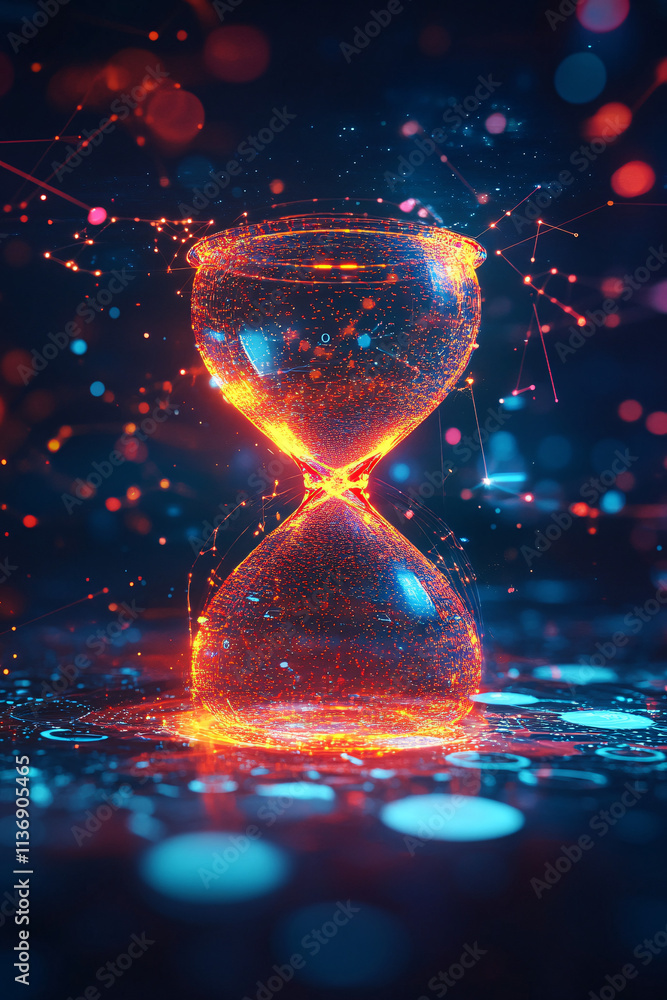 Poster a glowing hourglass icon surrounded by productivity data, symbolizing online time tracking platforms