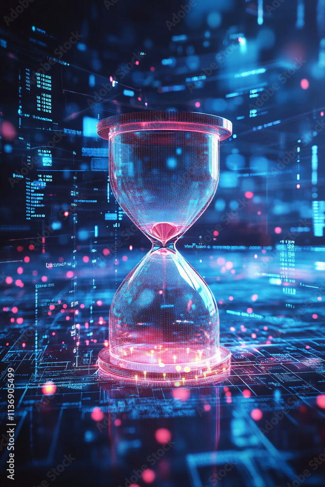 Poster a glowing hourglass icon surrounded by productivity data, symbolizing online time tracking platforms