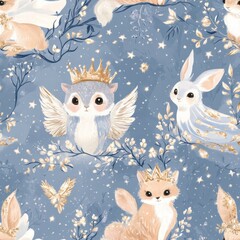 Obraz premium Charming woodland creatures in crowns, surrounded by stars and delicate branches, create a delightful, magical atmosphere. Generative AI