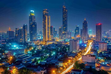Fototapeta premium Aerial view of a modern city at night with illuminated skyscrapers, roads, and buildings.