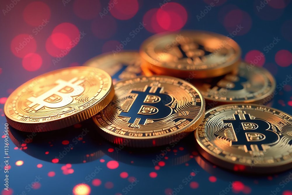 Poster cryptocurrency coins reflect light vibrant display wealth metallic surface unique stacking pattern s