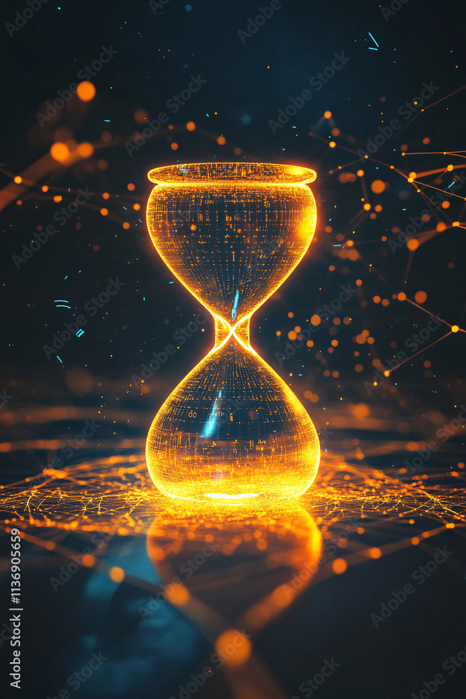 Poster a glowing hourglass icon surrounded by productivity data, symbolizing online project management tool