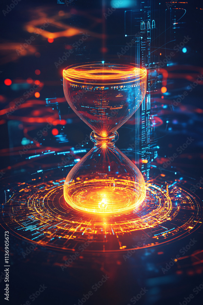Poster a glowing hourglass icon surrounded by productivity data, symbolizing online project management tool