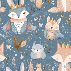 Enchanted forest creatures wear crowns among colorful flora and butterflies, creating a magical, playful atmosphere full of whimsy. Generative AI