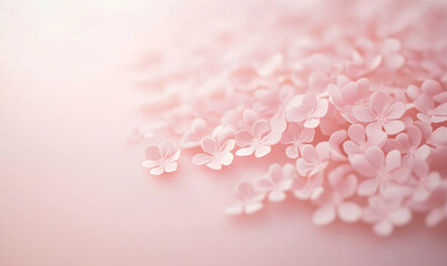 Fototapeta premium Delicate pink blossoms strewn across a soft pink background, creating a dreamy, romantic, and serene aesthetic. Perfect for spring themes, wedding invitations, or feminine designs.
