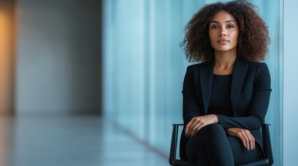 Fototapeta premium The image showcases a confident woman with curly hair dressed in a dark business outfit, seated in a modern office corridor, exuding professionalism and focus.