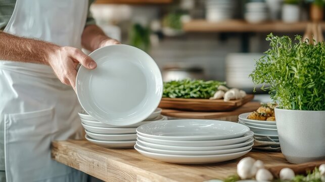 A chef is seen holding a white plate in a lively kitchen setting, surrounded by stacked dishes, various herbs, and culinary ingredients, suggesting culinary artistry.