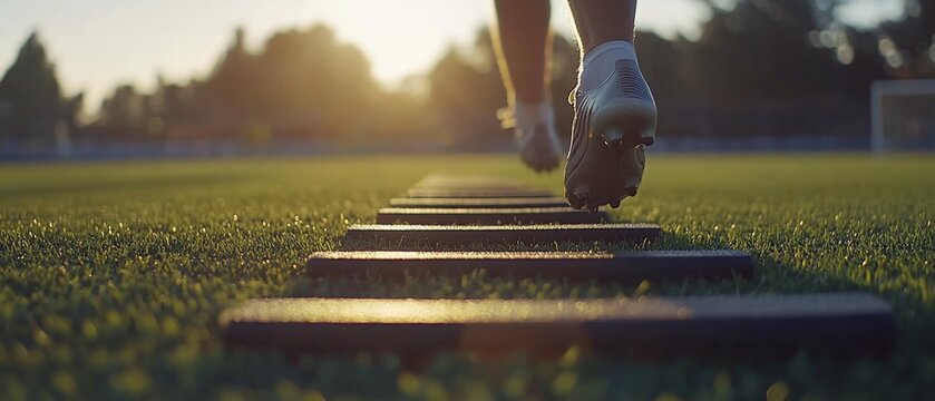 Athlete's feet running agility ladder drills on a grass field at sunset.