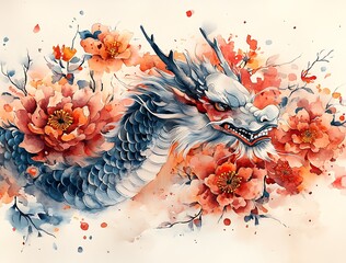 Naklejka premium A Watercolor of a Dragon Surrounded by Flowers for Chinese New Year 