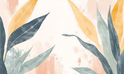 Abstract Artwork Featuring Pastel Leaves and Watercolor Splashes
