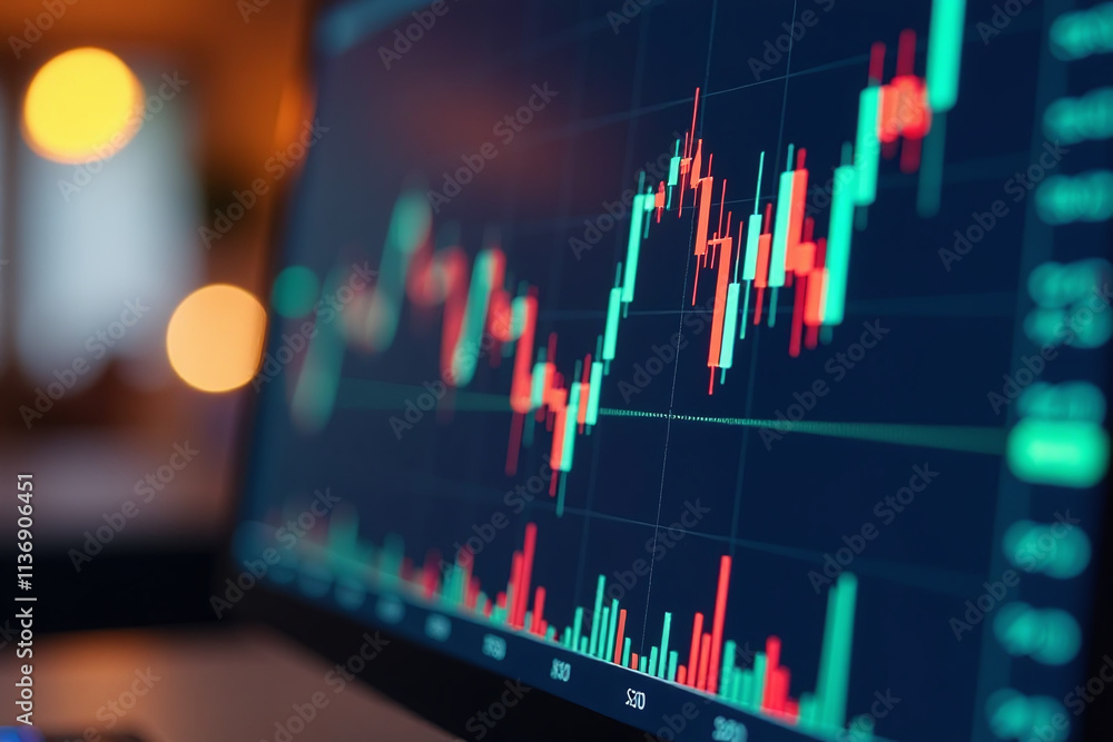 Poster digital charts display trading graphs computer monitor background gold blue colors representing stoc