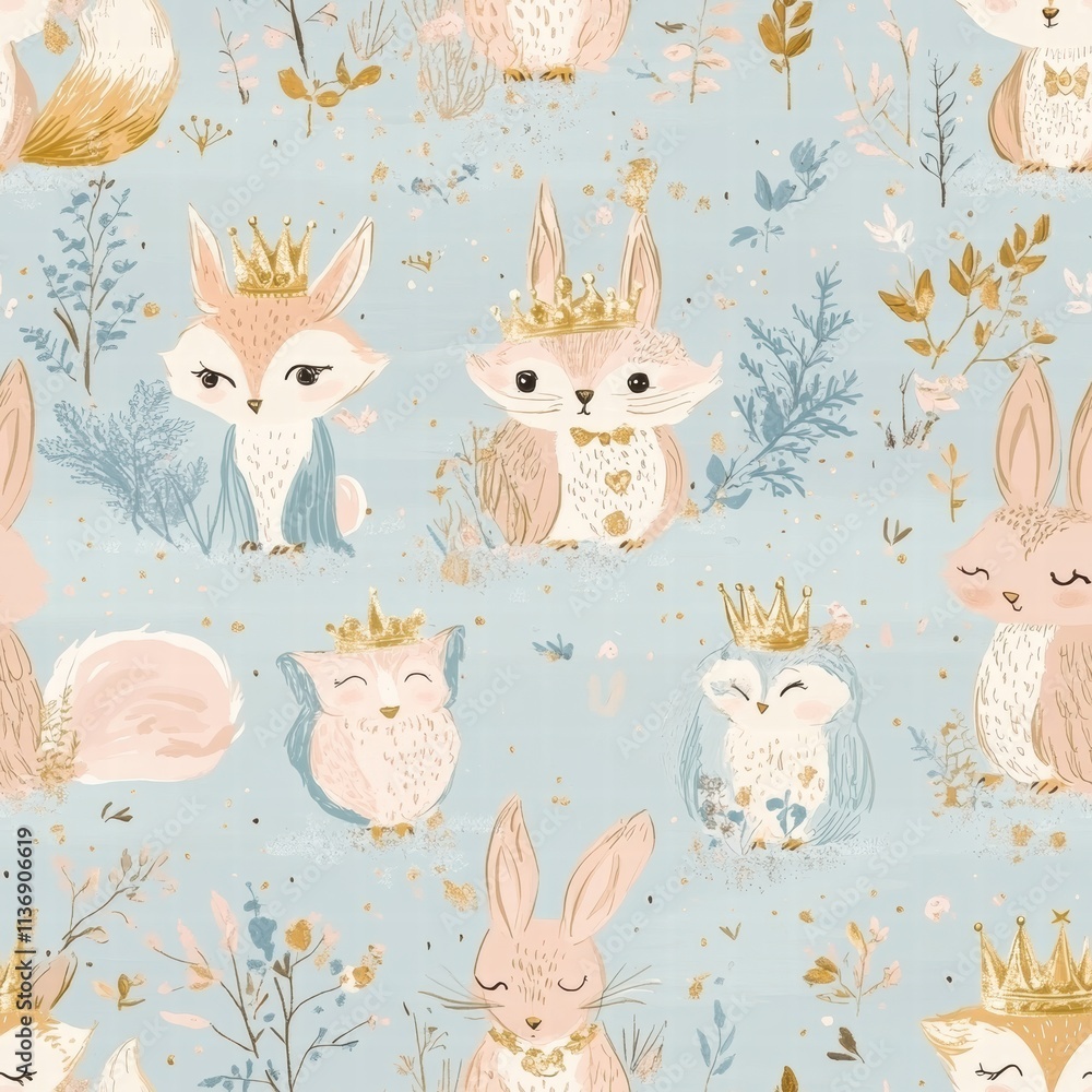 Poster delight in a magical array of charming animals, each wearing a crown, set against a soft pastel back