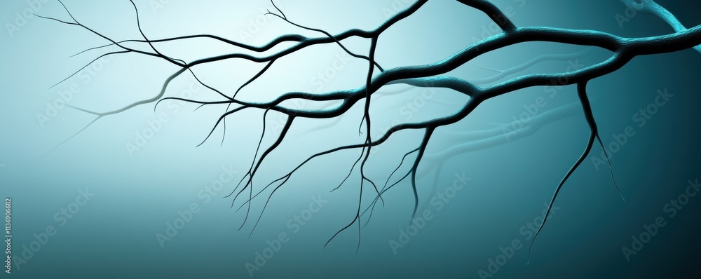 Poster abstract black branches extending across a blue gradient background. minimalistic organic design con