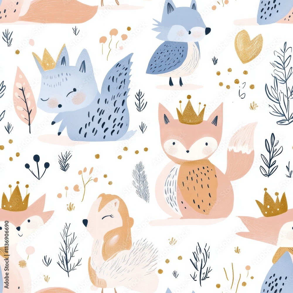 Poster delightful forest creatures like foxes and squirrels are beautifully arranged in a seamless pattern,