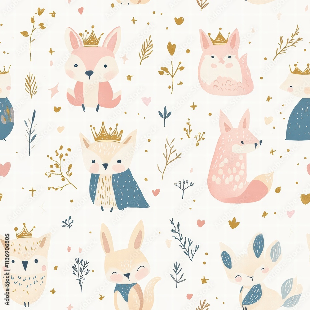 Poster a playful array of enchanting animals in crowns set against a soft background, perfect for adding a 