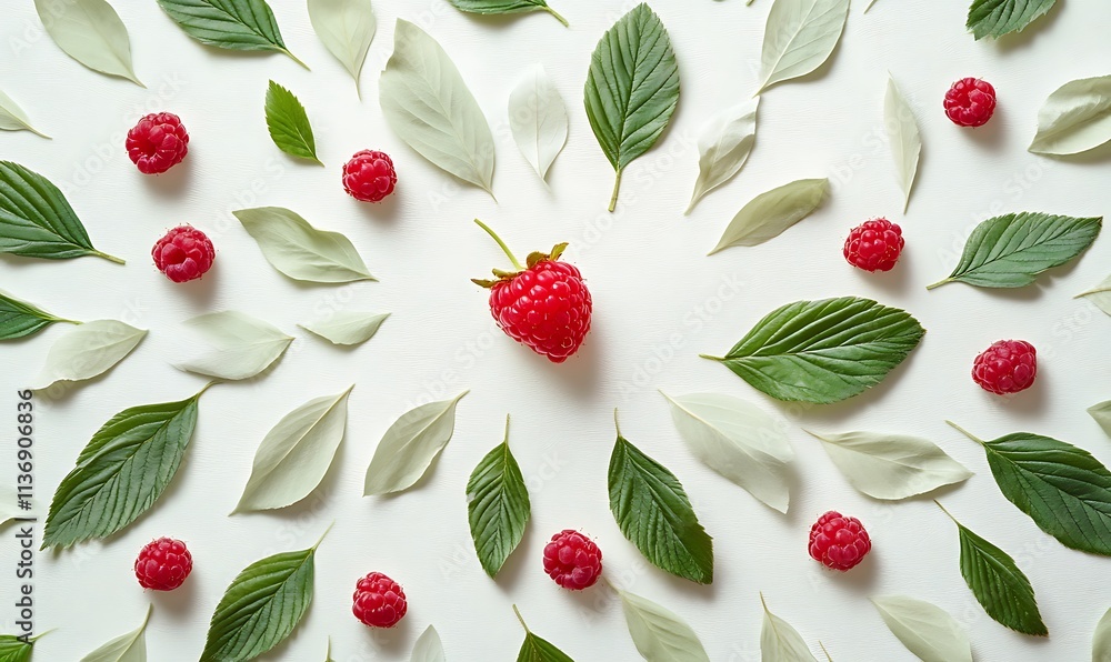Poster raspberries and leaves arranged in a circular pattern