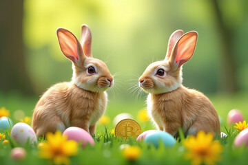 Obraz premium easter celebrated rabbits bitcoins green grass
