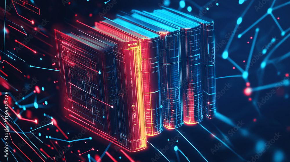 Poster a glowing library icon with book data streams, symbolizing online library systems, digital book acce
