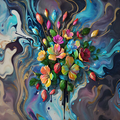 Vibrant abstract flower with golden accents in colorful swirling patterns and dynamic gradient background, digital art style