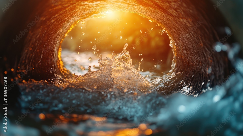 Poster this image captures the dynamic flow of water through a tunnel, illuminated beautifully by golden su
