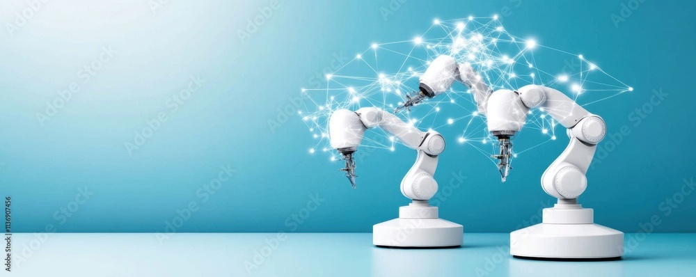 Poster two robotic arms with digital network connections on blue background. concept of technology, artific