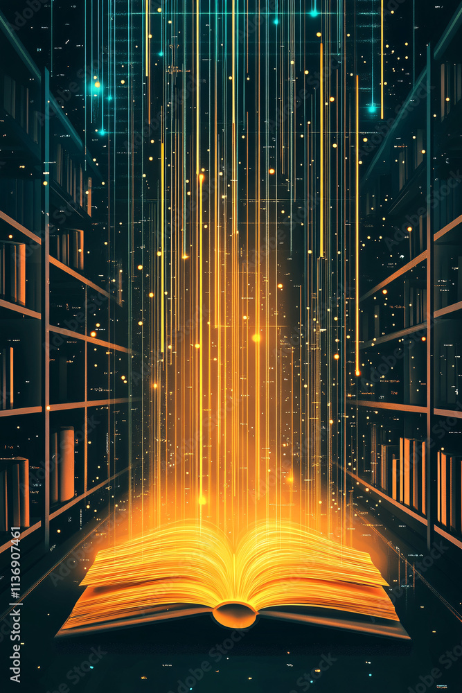 Aufkleber a glowing library icon with book data streams, symbolizing online library systems, digital book acce