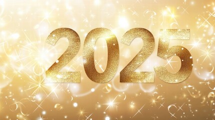 2025 banner with gold script sparkling stars and champagne bubbles