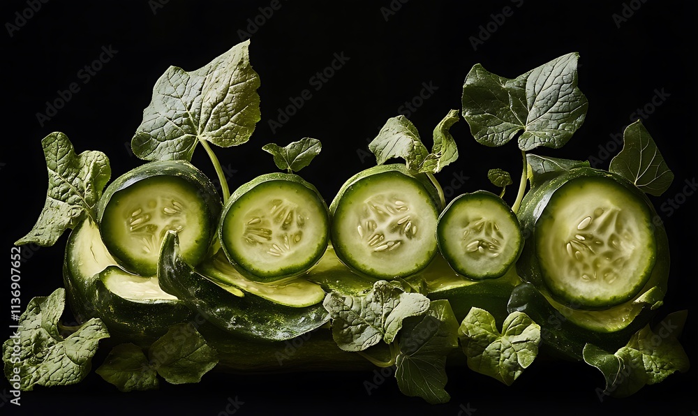 Poster cucumber slices arranged with leaves on black background