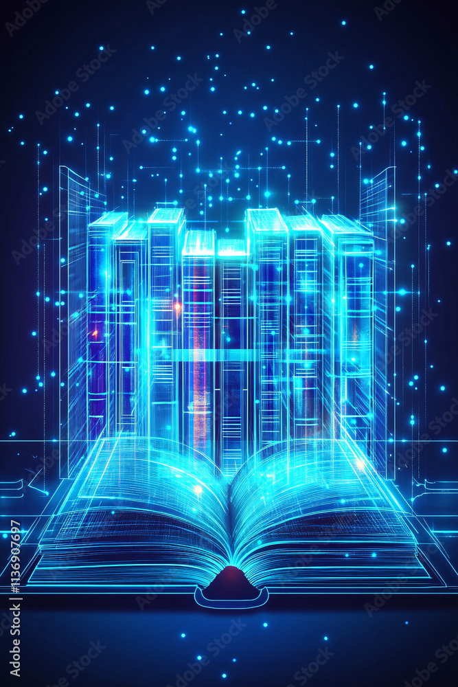 Poster a glowing library icon with book data streams, symbolizing online library systems, digital book acce