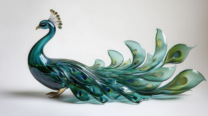A matte glass peacock sculpture with iridescent feathers, shades of deep teal, emerald